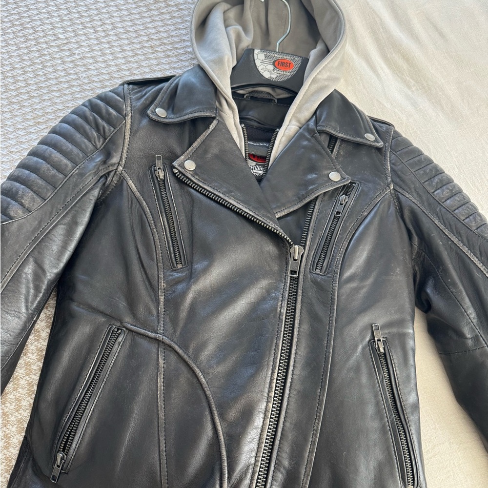 Black Leather Biker Jacket with Hoodie